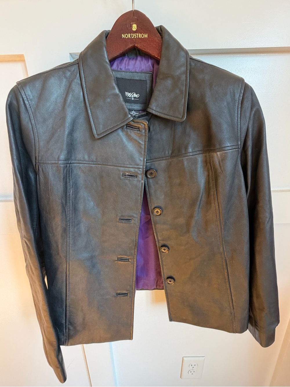 Mossimo Supply Co. Black Leather Button-Up Jacket with Purple Lining